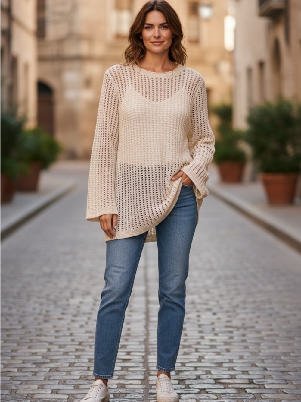 Frame Denim Open-Knit Cream Long Sleeve Dress